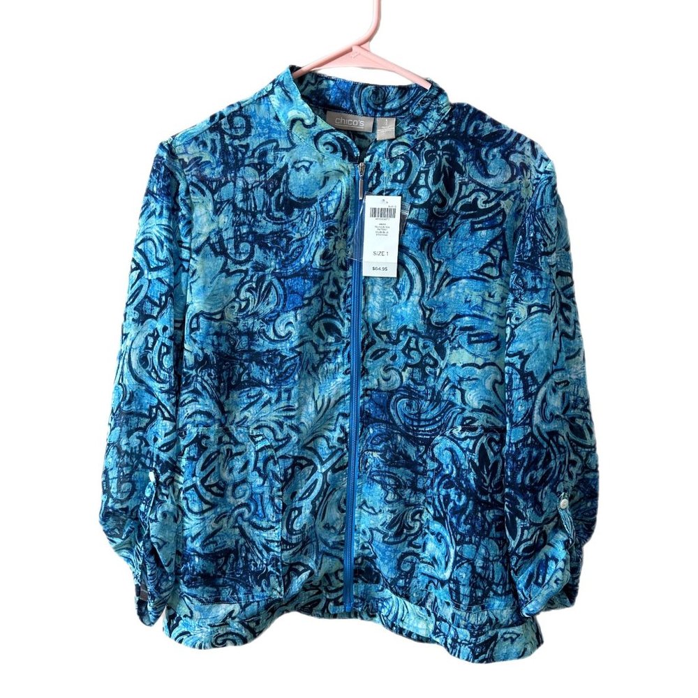 Chico’s Women’s Size 1 ( M 8 ) Abaco Felina Zip Up Blouse Lightweight Jacket NEW
